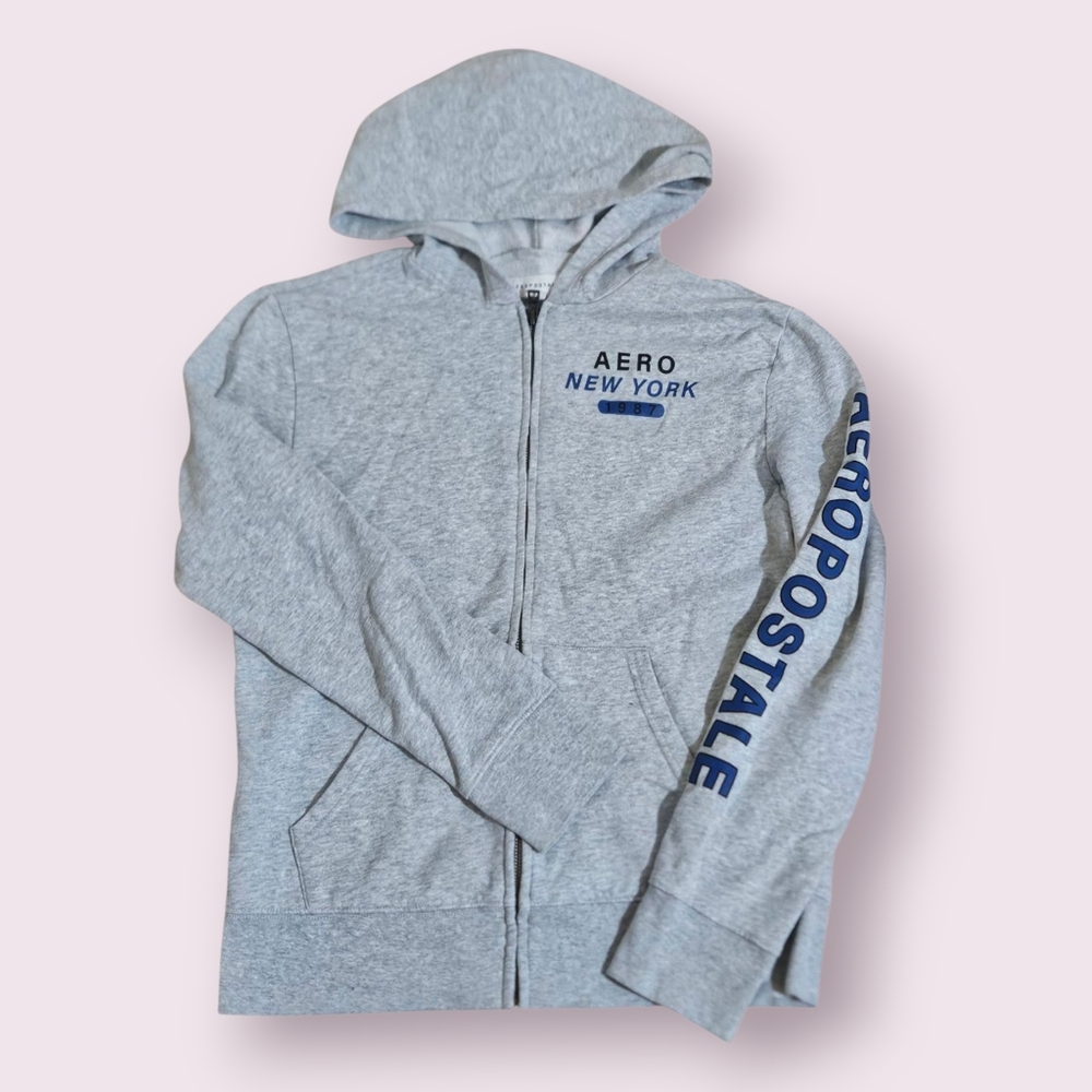 Aeropostale Y2K Gray Full Zip Hoodie Navy Blue Spell Out Graphic